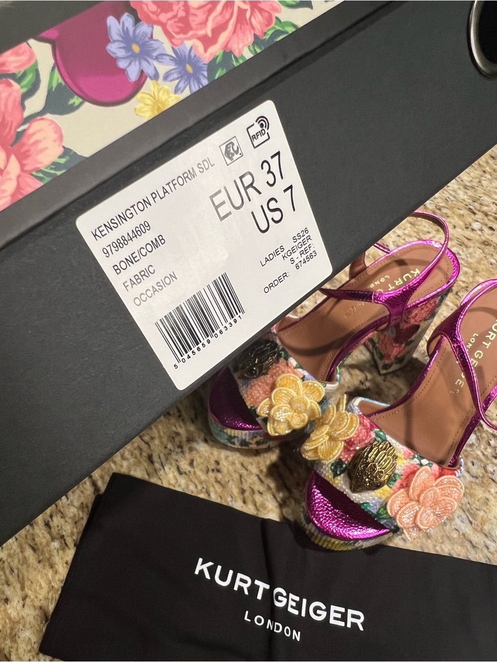 Kurt Geiger KENSINGTON Metallic Fuchsia Floral Beaded Platform Sandals 37 - Picture 15 of 16